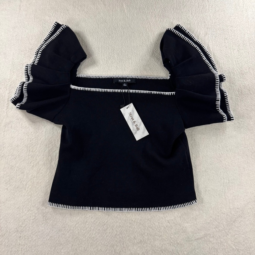 Strut & Bolt Hunter Top Womens Medium Black New Ruffle Flutter Sleeve Ribbed